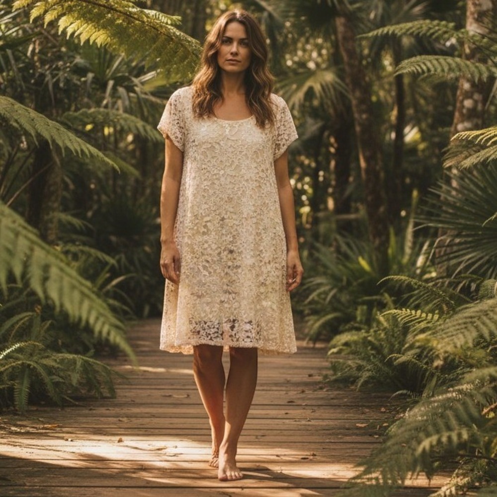 Altar'd State Lace Sequin Shift Dress Womens Small Cream Excellent Boho Mini